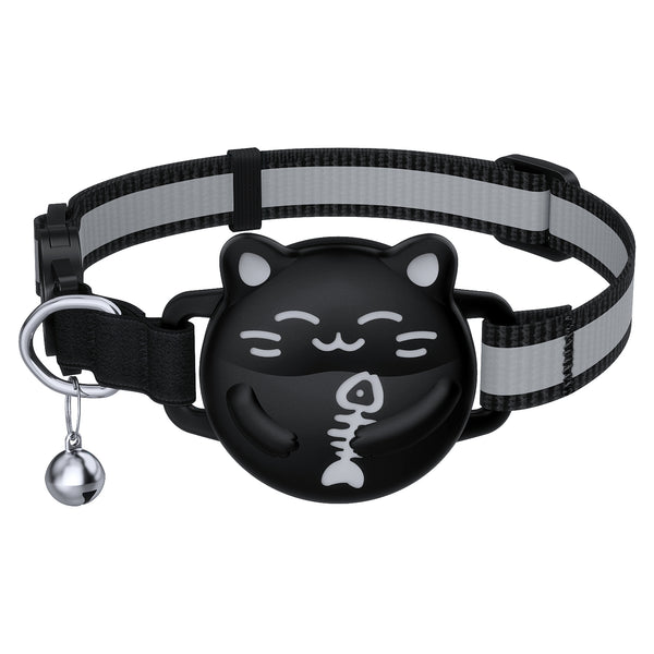 Waterproof Airtag Cat Collar - Reflective, Breakaway Safety Design (Black, 9"-14")
